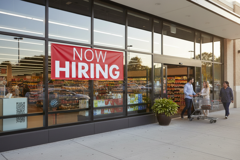 Now Hiring red vinyl banner 8 feet wide hung on the exterior window or entrance of a retail store with a welcoming hiring atmosphere and professional storefront setting