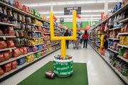 Football inflatable goal post display and cooler set up in a retail store seasonal football display