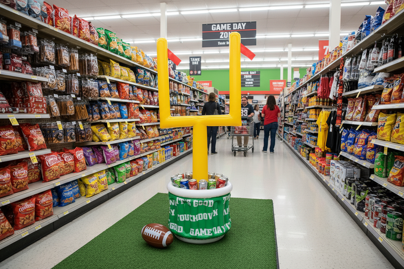 Football inflatable goal post display and cooler set up in a retail store seasonal football display