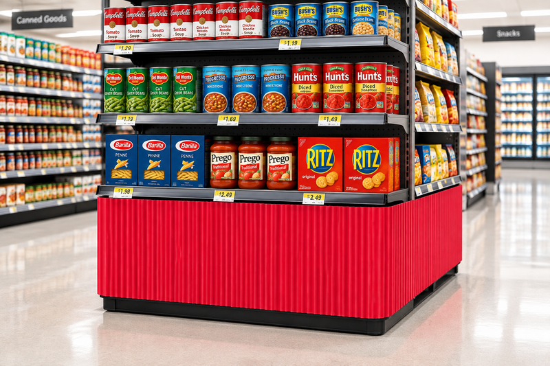 Red corrugated base pallet wrap on a grocery store end cap display with canned goods
