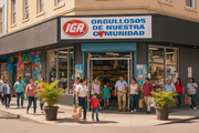 IGA Orgullosos De Nuestra Comunidad Spanish-language vinyl banner hung on an IGA supermarket exterior in a vibrant Latino neighborhood with families and community members