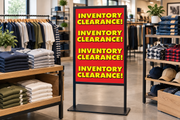 Inventory Clearance 22 x 28 cardstock sign displayed in a floor stand beside retail clearance merchandise.