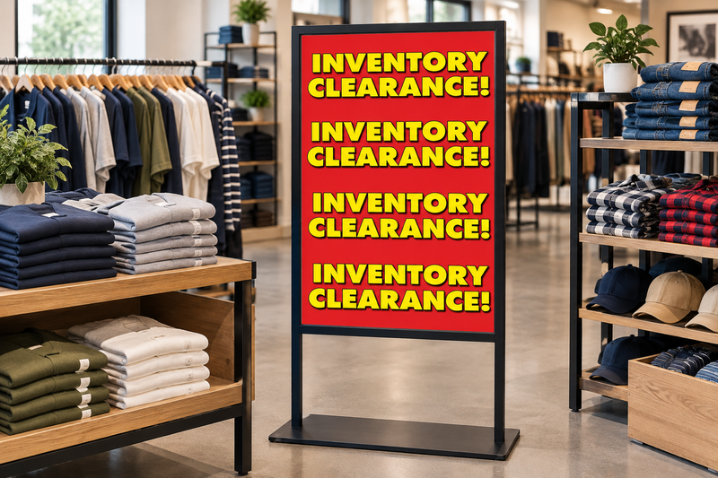 Inventory Clearance 22 x 28 cardstock sign displayed in a floor stand beside retail clearance merchandise.