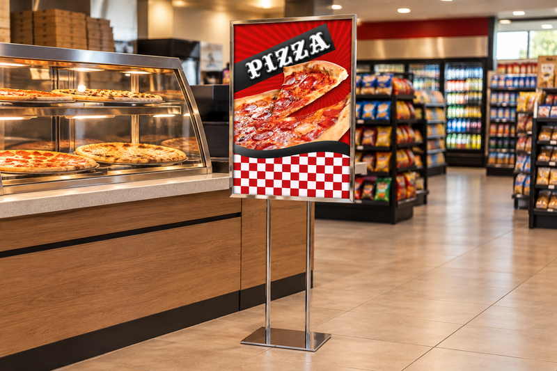 Red Pizza 22 by 28 inch poster with pepperoni pizza and checkerboard artwork in a chrome stand beside a pizza counter; stand sold separately.