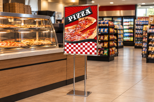 Red Pizza 22 by 28 inch poster with pepperoni pizza and checkerboard artwork in a chrome stand beside a pizza counter; stand sold separately.