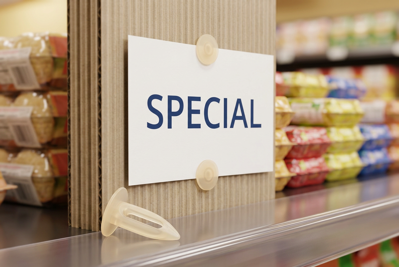 Natural polypropylene canoe fasteners securing a Special sign to a corrugated retail display, with a loose clip nearby.