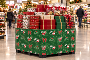 Christmas Candy & Bows Corrugated Base Pallet Wrap, 42 in x 25 ft, green candy cane and red bow print wrapping a supermarket pallet display of holiday cookie tins and boxed chocolates