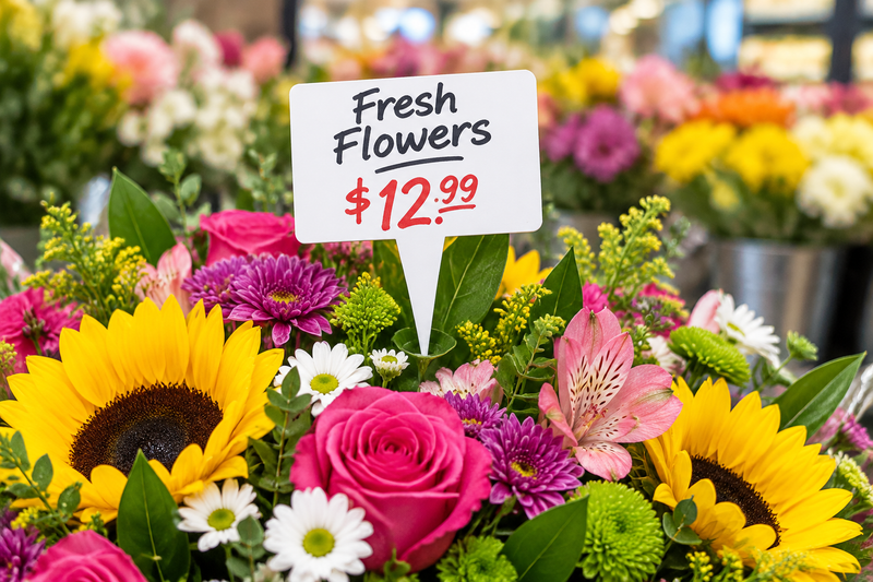 Small white 3.25 by 2.25 inch write-on wipe-off spear pick showing a flower price inserted in a colorful grocery floral arrangement