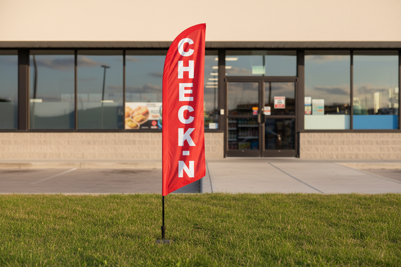 Red Check-In feather flag using the original uploaded artwork, planted in green grass outside a customer-service storefront