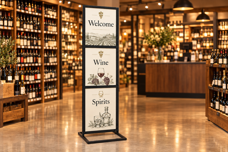 Matte-black triple-tier floor sign stand displaying three 22 × 28 posters inside a wine and spirits store, with an open rectangular tubing base.