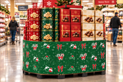 Christmas Candy & Bows corrugated base pallet wrap, 42 in x 25 ft, wrapping a supermarket end-cap display of holiday cookie tins and boxed chocolates