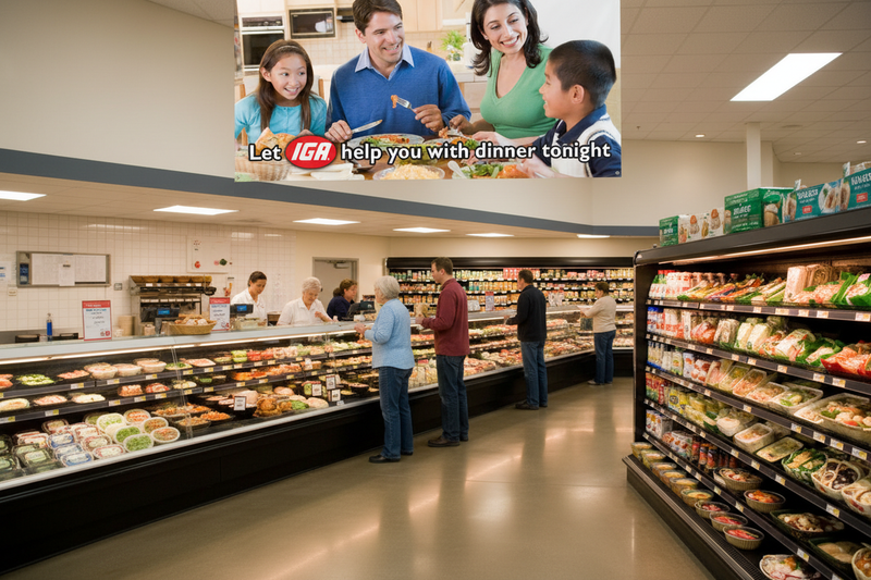 IGA Help with Dinner vinyl banner hung above a deli section inside an IGA supermarket with shoppers browsing prepared foods