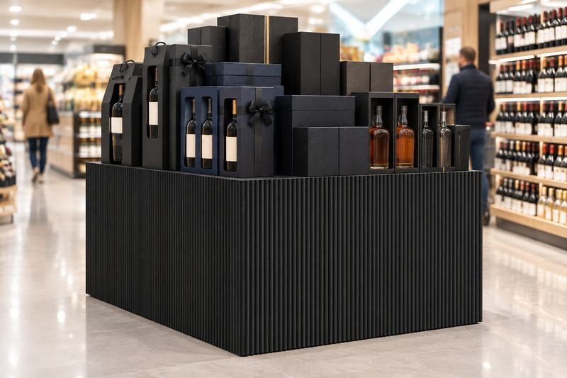 Black Corrugated Base Pallet Wrap, 48 in x 25 ft, solid matte black wrapping an upscale wine and spirits gift box pallet display