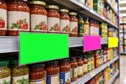 Full-size horizontal fluorescent 11 by 7 inch green pink and yellow shelf price cards secured in shelf-edge holders beside grocery jars for scale