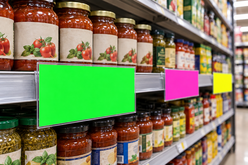Full-size horizontal fluorescent 11 by 7 inch green pink and yellow shelf price cards secured in shelf-edge holders beside grocery jars for scale