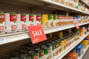 Clear center-mount slim sign protector displayed on grocery store gondola shelf with red SALE promotional sign – Screen Gems Inc.
