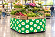 Spring Daisies Corrugated Base Pallet Wrap, 42 in x 25 ft, green and white daisy print wrapping a supermarket produce and flower pallet display