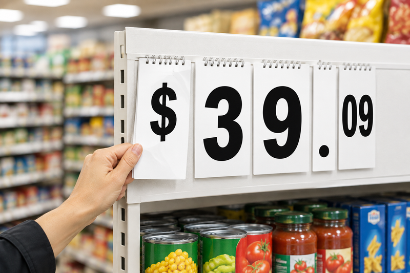 White spiral pricing pads with bold black numbers being flipped on a small grocery endcap sign board; board sold separately