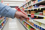 Dual purpose price label remover tool lifting a UPC price label out of a supermarket shelf price channel