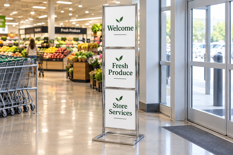 Chrome triple-tier 22 × 28 floor sign stand with an open rectangular base displaying three messages at a supermarket.