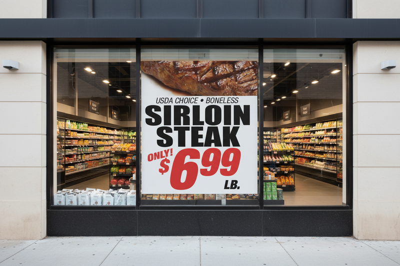 Custom printed price and item supermarket window poster hung in a grocery store storefront window, readable from the sidewalk
