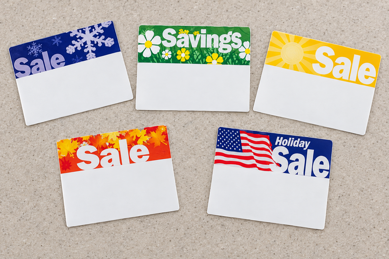 Five reusable seasonal sign toppers for 7 by 11 inch shelf sign frames, winter spring summer fall and holiday designs