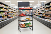 Matte-black four-shelf fold-up display rack with adjustable shelves and top sign displayed with grocery products in a retail aisle
