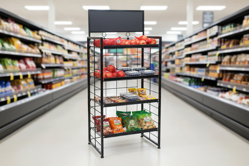 Matte-black four-shelf fold-up display rack with adjustable shelves and top sign displayed with grocery products in a retail aisle