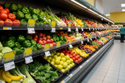 Farm Fresh mini shelf signs displayed in sign holders on a grocery store produce shelf with fresh vegetables