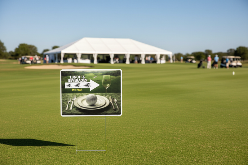 Lunch & Beverages This Way golf outing sign on H-frame stake at golf course event – lifestyle view