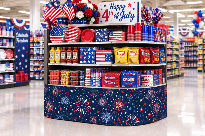 Fireworks corrugated base pallet wrap on a retail store July 4th end cap display
