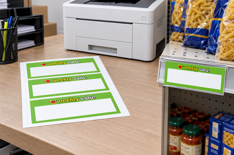 Weekly Valu green three-up laser-compatible shelf sign sheet beside printer with one sign in a grocery shelf holder