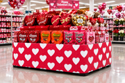 Valentine's Hearts corrugated base pallet wrap on a retail store candy and gifts end cap display