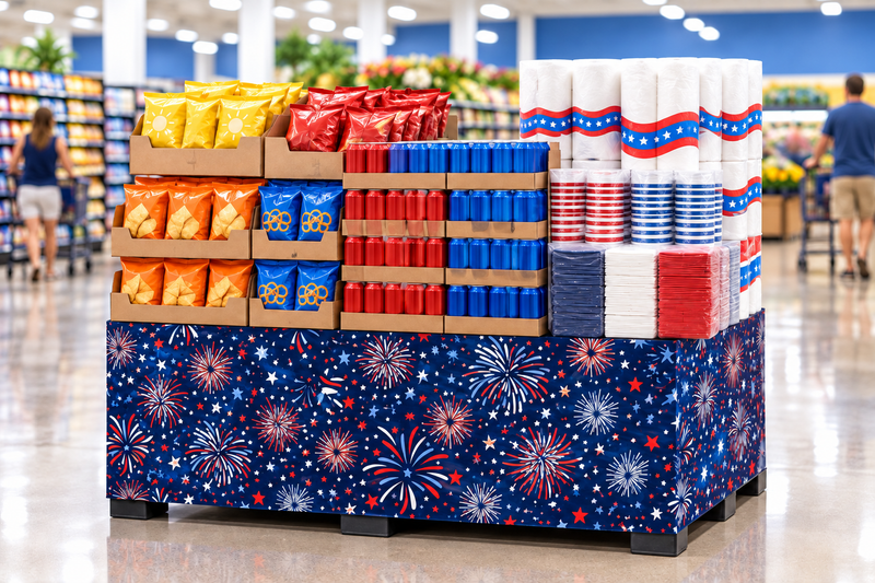 Fireworks Corrugated Base Pallet Wrap, 42 in x 25 ft, red white and blue firework burst print wrapping a supermarket pallet display of summer snacks, drinks and patriotic paper goods