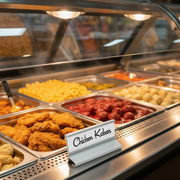 Aluminum sign holder displaying a product name card inside a supermarket deli hot case