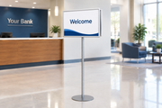 Silver double-sided snap-frame floor sign stand displaying a horizontal 28 × 22 welcome poster in a bank lobby.