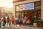 IGA Orgullosos De Nuestra Comunidad Spanish-language vinyl banner 5 feet wide hung on an IGA supermarket window or entrance in a vibrant Latino neighborhood with families and community members