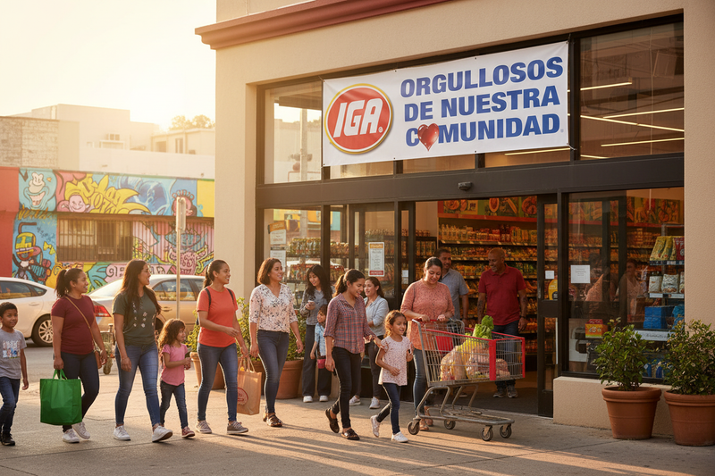 IGA Orgullosos De Nuestra Comunidad Spanish-language vinyl banner 5 feet wide hung on an IGA supermarket window or entrance in a vibrant Latino neighborhood with families and community members