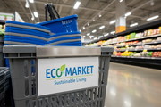 Custom printed logo label panel on 5.25 gallon shopping hand basket in retail store setting