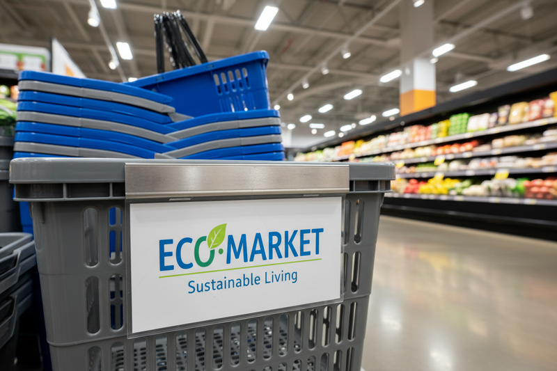 Custom printed logo label panel on 5.25 gallon shopping hand basket in retail store setting