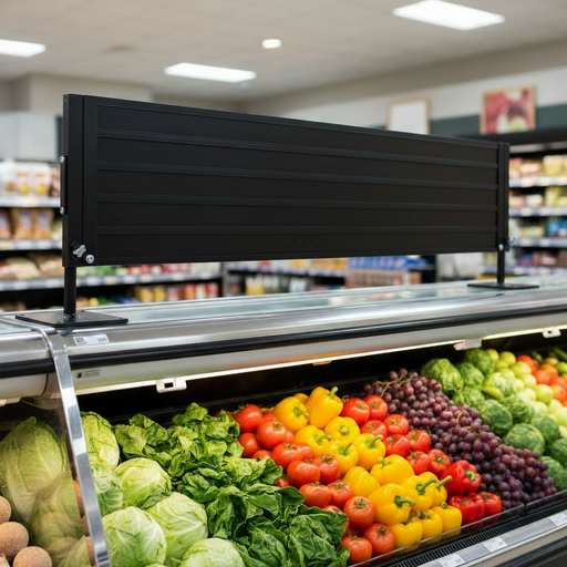 Black six-track double-sided supermarket price display header with uniformly black insert faces, metal frame, telescoping stem, and produce case in-use view