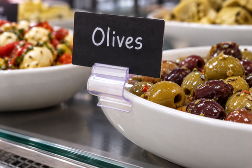Clear reusable gourmet sign clip gripping the rim of a white deli olive bowl and holding a small black Olives tag in a supermarket case
