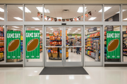 Football game day door covers installed on store entrance doors in a retail store seasonal football display