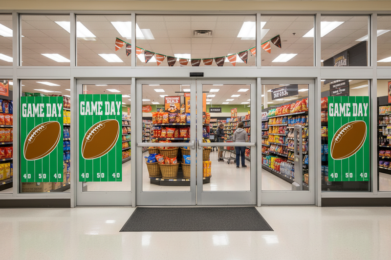 Football game day door covers installed on store entrance doors in a retail store seasonal football display