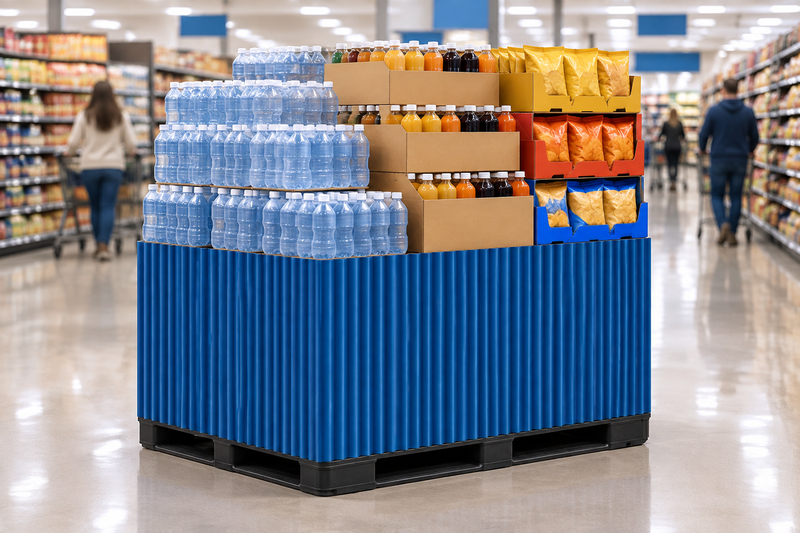 Blue Corrugated Base Pallet Wrap, 42 in x 25 ft, solid rich blue wrapping a supermarket pallet display of bottled water, beverage cartons and snacks