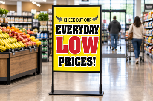Everyday Low Prices 22 x 28 yellow cardstock poster in a floor stand at a grocery store entrance.