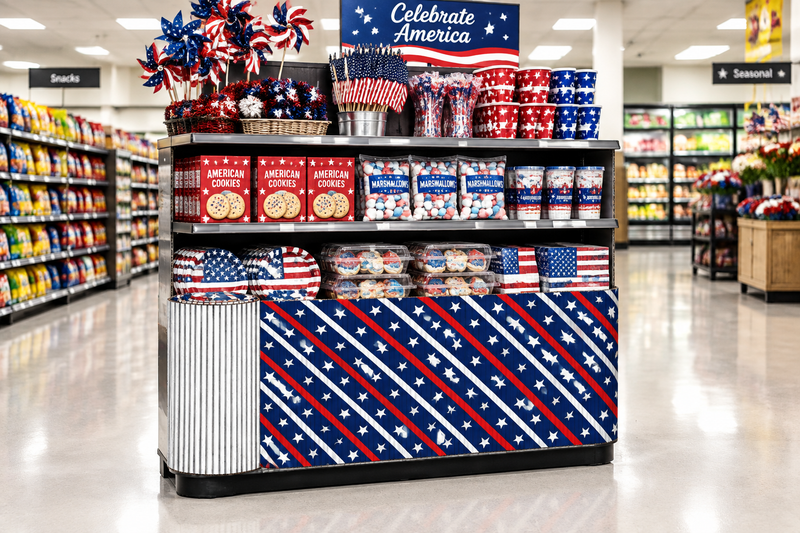 Patriotic corrugated base pallet wrap on a grocery store Celebrate America end cap display