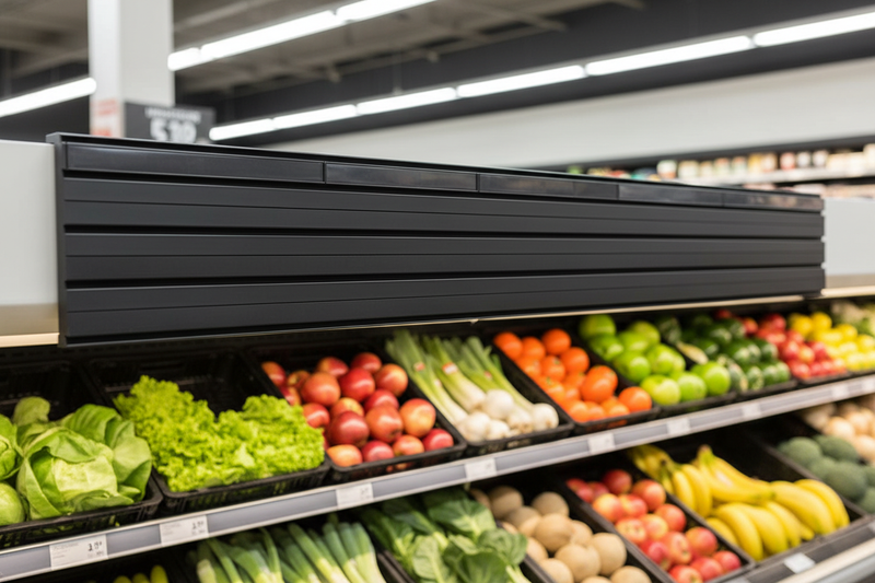 Black plastic 48-inch six-track double-sided price display header installed on a supermarket produce case in a grocery store