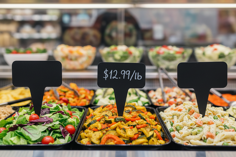 Black write-on/wipe-off chalkboard spear picks inserted into prepared-food deli trays