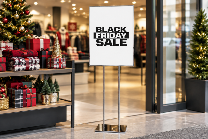 Black Friday Sale 22 x 28 white cardstock poster in a chrome floor stand beside holiday sale merchandise.